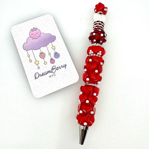 Beaded Pen — Red Heart, Pearls & Rhinestones (Regular Size)