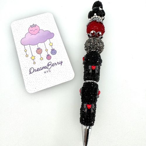 Beaded Pen — Gothic Black, Red Hearts & Bows (Regular Size)