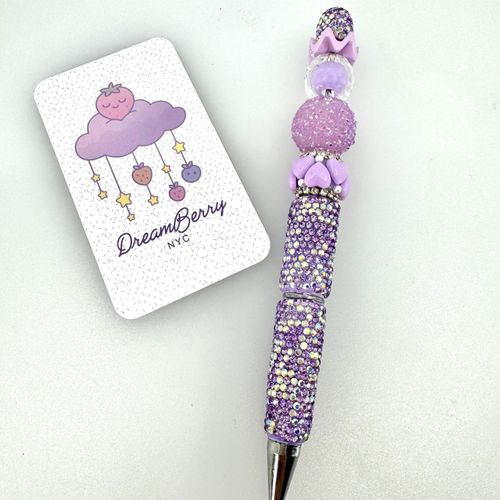 Beaded Pen — Purple, Lavender Hearts & Crown (Regular Size)