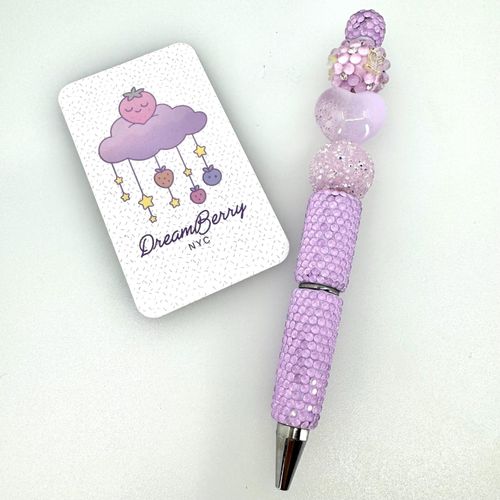 Beaded Pen — Lavender Heart & Flower (Regular Size)