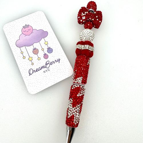 Beaded Pen — Red Sparkling Bow & Crystal (Regular Size)