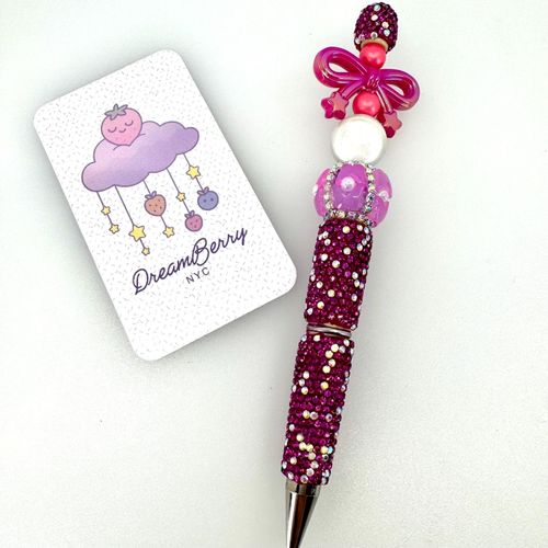 Beaded Pen — Hot Pink Bow, Stars & Pearl (Regular Size)