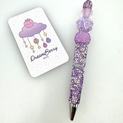 Beaded Pen — Purple Iridescent Roses (Regular Size)