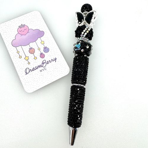 Beaded Pen — Black, Silver Butterfly & Floral Bow (Regular Size)