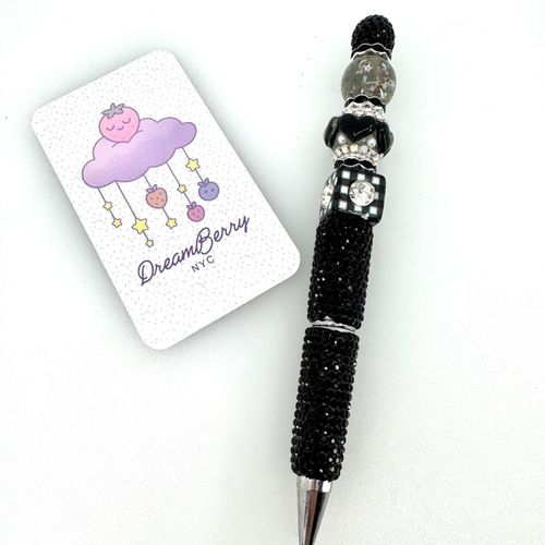 Beaded Pen — Black Heart & Star Confetti II (Regular Size)