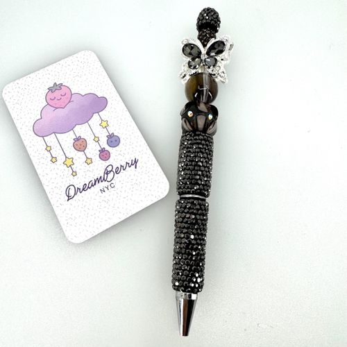 Beaded Pen — Smoky Gray Crystal Butterfly (Regular Size)