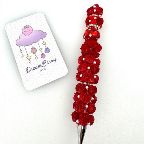 Beaded Pen — Red Rose, Heart & Pearls (Regular Size)