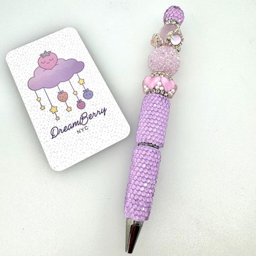Beaded Pen — Lavender & Pink Hearts (Regular Size)