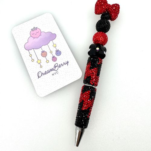 Beaded Pen — Red & Black Bow (Regular Size)