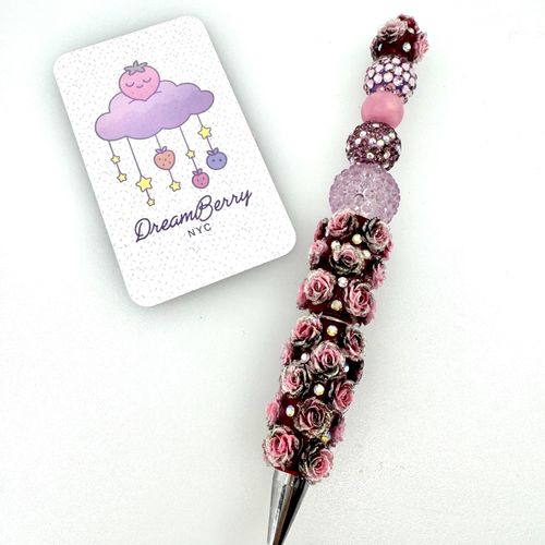Beaded Pen — Mauve Rose & Brown (Regular Size)