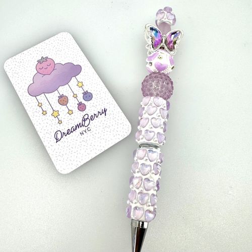 Beaded Pen — Purple Heart & Crystal Butterfly (Regular Size)