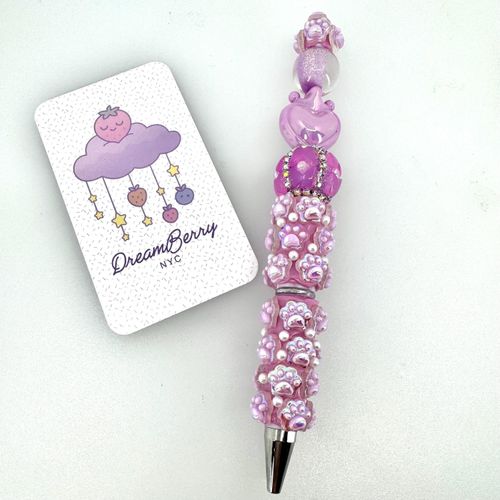 Beaded Pen — Lilac Paw Prints, Heart & Crown (Regular Size)