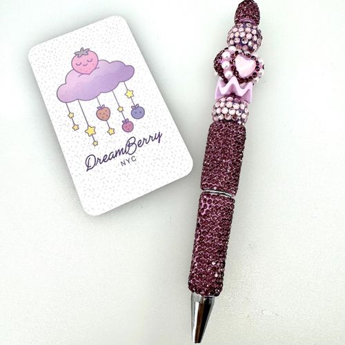 Beaded Pen — Mauve Heart & Pearl (Regular Size)