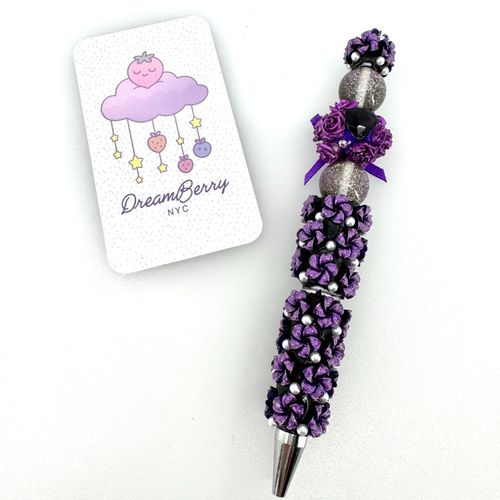 Beaded Pen — Plum Rose & Bow (Regular Size)