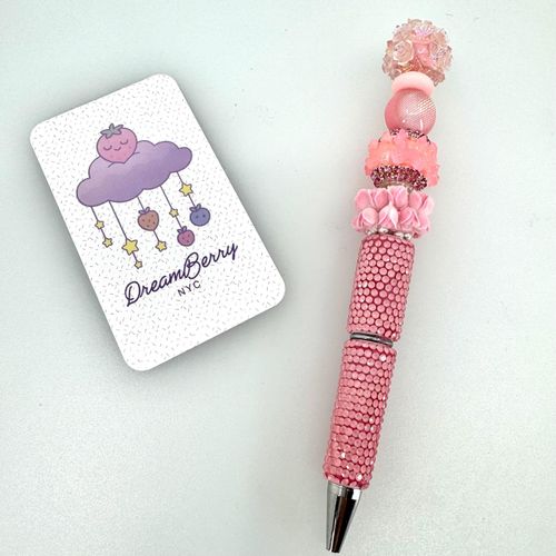 Beaded Pen — Pink Crystal Roses & Butterflies (Regular Size)