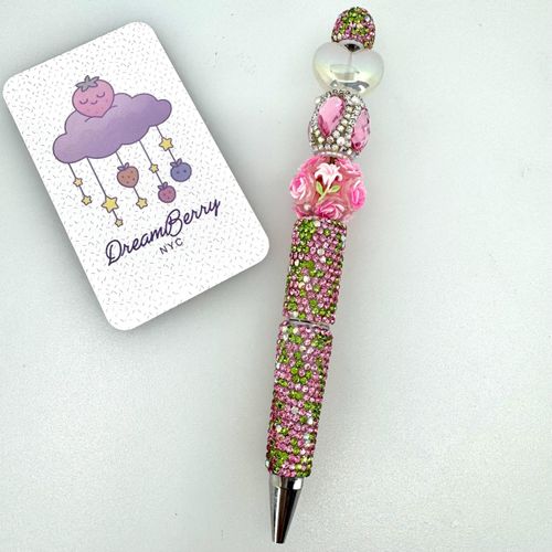 Beaded Pen — Pink & Green Rose Gems (Regular Size)