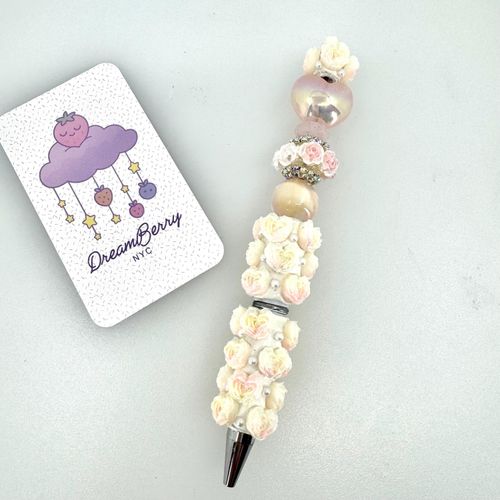 Beaded Pen — Cream & Blush Roses with Pearls (Regular Size)