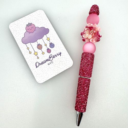 Beaded Pen — Hot Pink Glitter Flower (Regular Size)