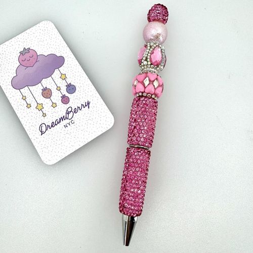 Beaded Pen — Bubblegum Pink Heart & Jeweled Teardrop (Regular Size)