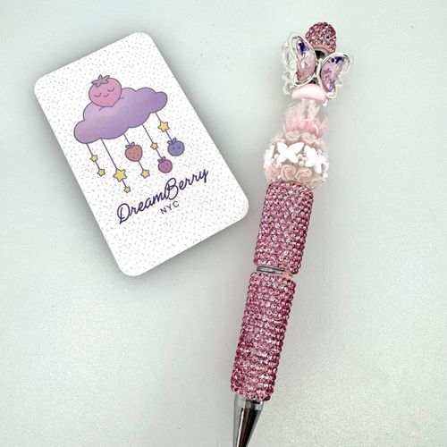 Beaded Pen — Light Pink Butterfly Gem & Pearl Rose (Regular Size)