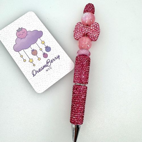 Beaded Pen — Hot Pink Rhinestone Bow & Glitter (Regular Size)
