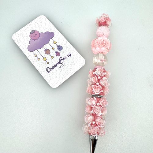 Beaded Pen — Pink Glitter Roses, Heart & Pearls (Regular Size)