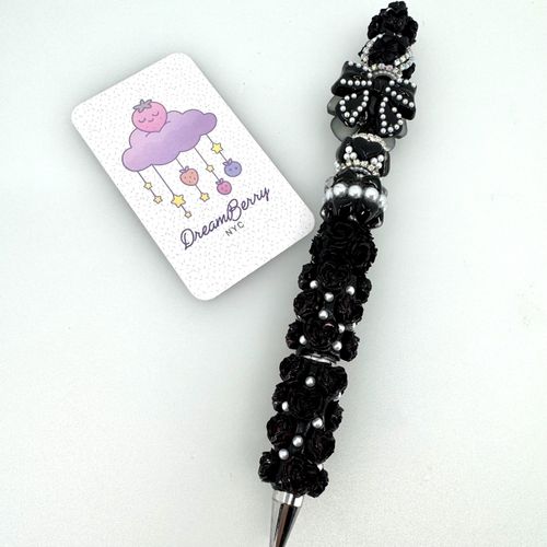 Beaded Pen — Gothic Black Rose & Pearl Bow