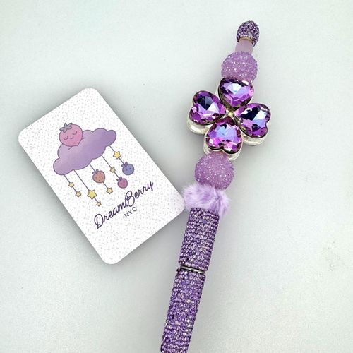 Beaded Pen — Lavender Heart Clover & Pom Pom
