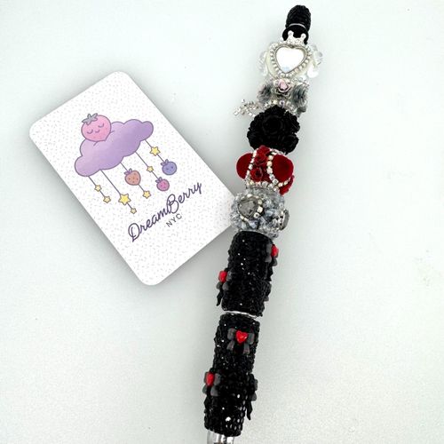 Beaded Pen — Gothic Black, Red Hearts & Roses
