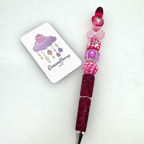 Beaded Pen — Fuchsia Heart Bow Strawberry