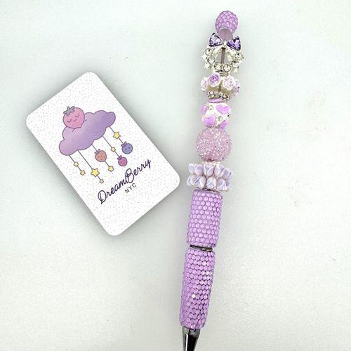 Beaded Pen — Lavender, Purple Bow, Roses & Hearts