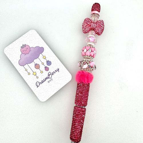 Beaded Pen — Hot Pink Bow, Hearts & Pom Pom