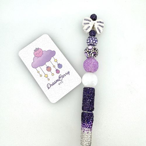 Beaded Pen — Purple & Silver Ombré White Bow