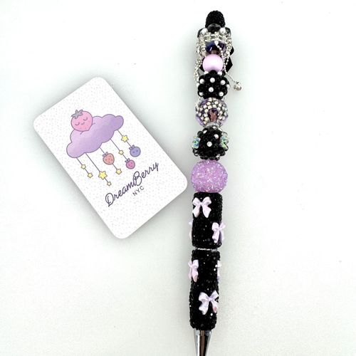Beaded Pen — Black Coquette, Lavender Bows & Butterflies