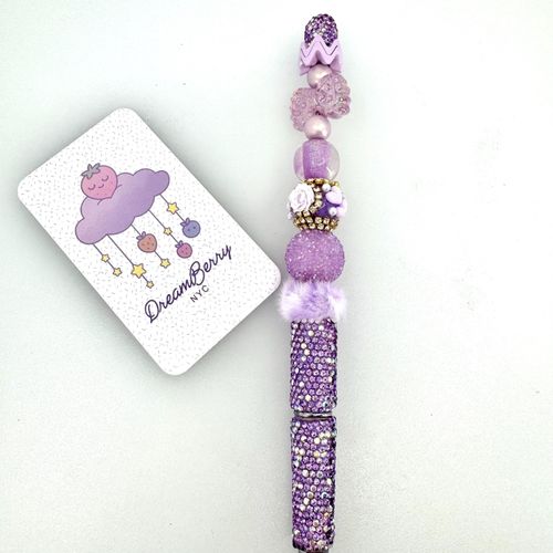 Beaded Pen — Lavender Crown, Bow, Rose & Pom Pom