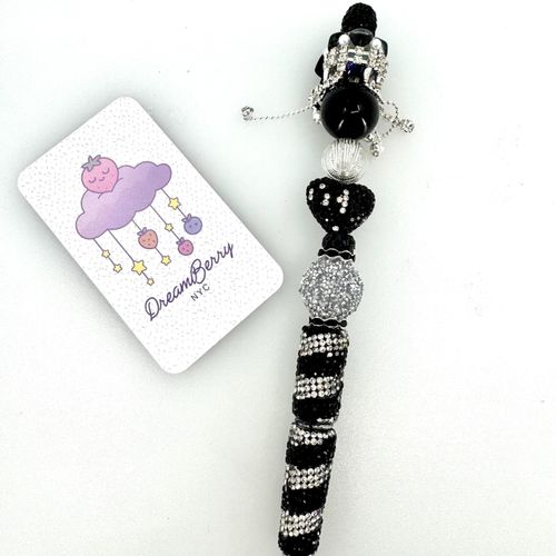 Beaded Pen — Black & Silver Heart with Satin Bow
