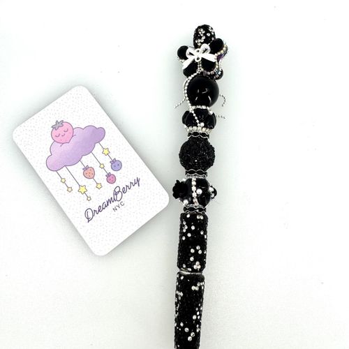 Beaded Pen — Black, Silver Bow & Hearts