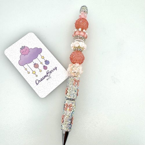 Beaded Pen — Peach & Coral Roses with Bows