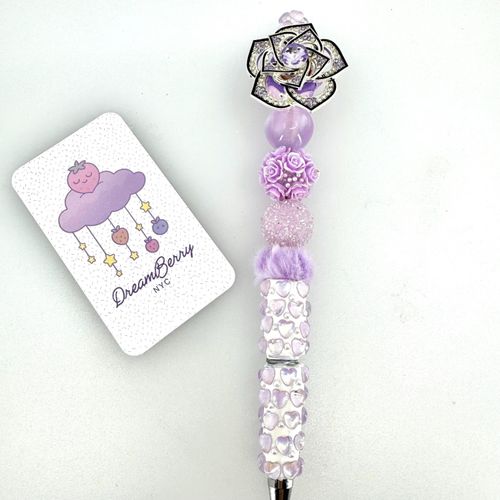 Beaded Pen — Purple Heart & Flower Fidget