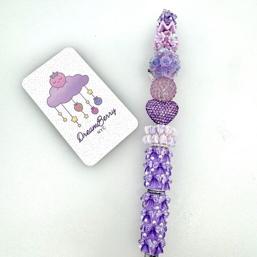 Beaded Pen — Purple Bow, Rhinestone Heart & Florals