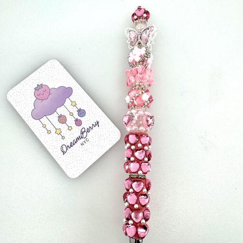 Beaded Pen — Pink Butterfly, Hearts & Florals