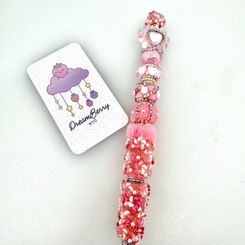 Beaded Pen — Pink Flower, Pom Pom & Crown Heart