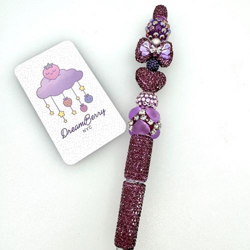 Beaded Pen — Plum Bow, Heart & Butterfly