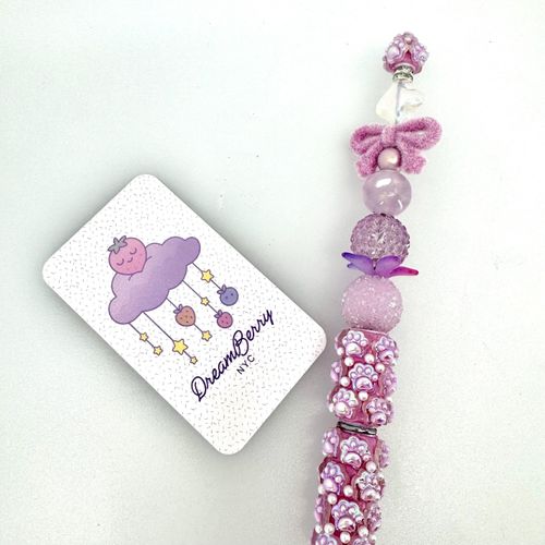 Beaded Pen — Purple Paw Prints & Fuzzy Bow