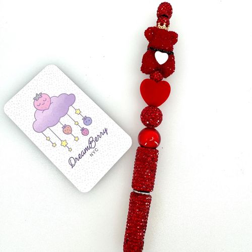 Beaded Pen — Red Teddy Bear & Gold Crown Heart