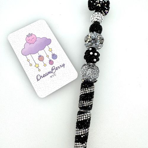 Beaded Pen — Black & Silver Zebra Bow