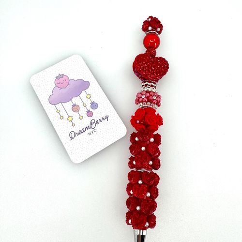 Beaded Pen — Red Rose & Rhinestone Heart