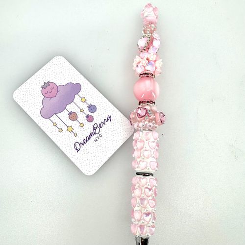 Beaded Pen — Pink Heart Gem & Pearl Flower