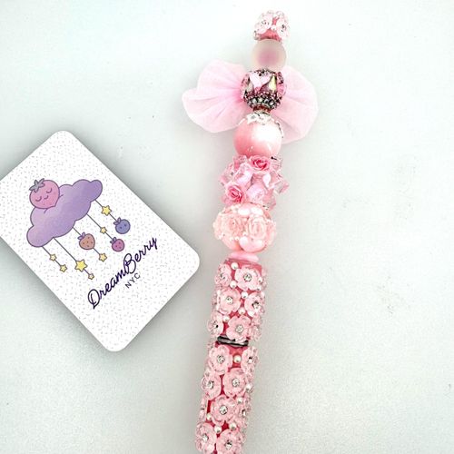 Beaded Pen — Blush Organza Bow & Pearl Rose