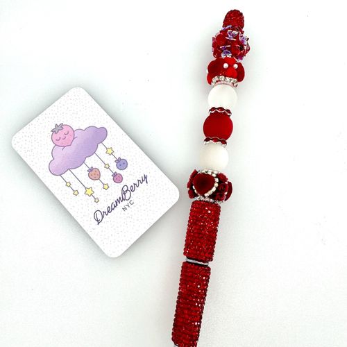 Beaded Pen — Red & White Velvet Heart, Rose & Butterfly